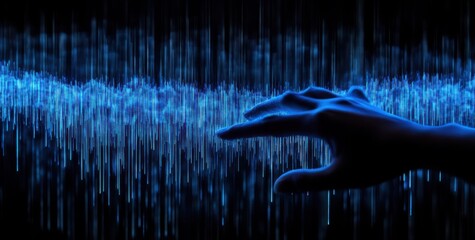Poster - Interactive data visualization hand touching abstract blue bar graph digital environment modern concept