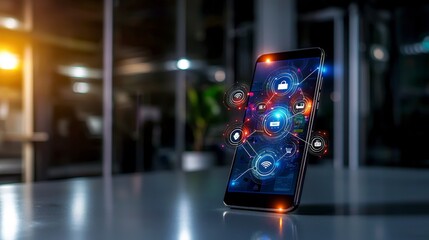 Aufkleber - Secure payment icons on glowing mobile phone modern office digital technology nighttime close-up innovation