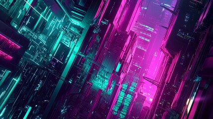 Poster - Futuristic Neon Cityscape with Glowing Magenta and Teal Gradient Lights