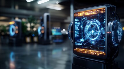 Poster - Smart city infrastructure showcase urban center digital display modern environment close-up viewpoint innovative concept