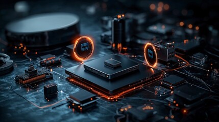 Fototapete - Innovative iot devices showcased tech hub digital art futuristic environment aerial view connectivity concept