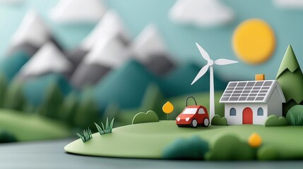 Wall Mural - Eco friendly renewable energy landscape with solar panels wind turbine sustainable home electric car and scenic countryside mountain view  Clean energy and sustainable living concept