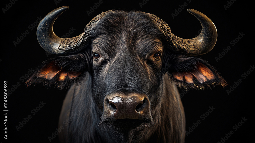 Black buffalo, frontal view, powerful horns, dramatic contrast 32k ...