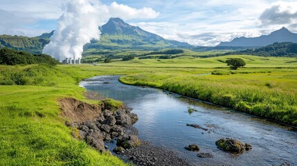 Wall Mural - Lush green valley with majestic mountains and flowing river in the background  Scenic and picturesque natural landscape with power plant and windmills generating renewable energy