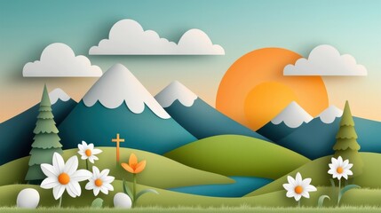 Wall Mural - Breathtaking panoramic view of a lush mountainous landscape with a flowing river vibrant wildflowers and a vibrant sunset sky