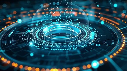 Aufkleber - Complex circular interface radiating vibrant blue light, processing a dynamic stream of digital data, embodying the essence of future technology