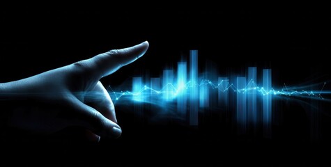 Poster - Interactive data visualization hand touching abstract blue bar graph in dark environment focusing on analytics
