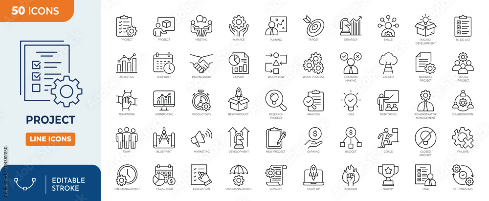 Project line editable icon set. Contain icons related to project ...