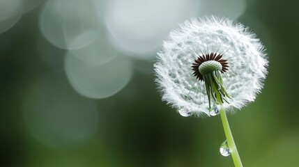 Poster - Dew-covered dandelion seed head glistening in soft light during early morning hours