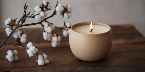 Poster - Handmade soy wax candle displayed on a wooden table, accompanied by a cotton branch. This soy wax candle serves as an ideal mockup design for various creative projects.