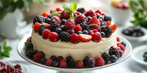 Poster - Delicious birthday cake adorned with fresh berries and fruits, showcasing a delightful arrangement of colorful berries and fruits that enhance the birthday cake s appeal and flavor.
