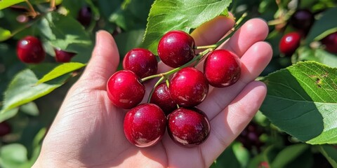 Poster - Fresh sweet cherry berries held in a hand, showcasing the vibrant color and juicy texture of sweet cherry berries, perfect for highlighting the allure of sweet cherry berries.