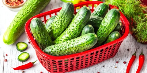 Poster - Fresh organic cucumbers displayed in a vibrant red basket on a white wooden table, accompanied by green and red chili peppers, fennel, and spices, promoting a healthy concept in close up flat lay.