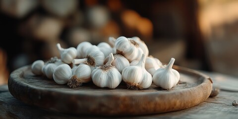 Poster - Close up of garlic displayed on a wooden plate amidst a rustic background, featuring shallow depth of field and selective focus to highlight the intricate details of garlic in macro photography.
