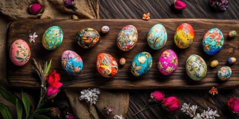 Poster - Easter eggs beautifully painted with karkade tea arranged on a rustic wooden board, showcasing the vibrant colors and artistry of karkade tea in this festive display.