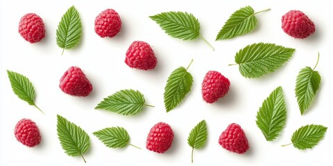 Aufkleber - Raspberry leaves displayed on a clean white background, showcasing the vibrant features of raspberry leaves from a top view perspective with a precise clipping path.