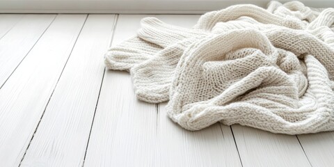 Poster - Softly draped white knitted blanket rests on a white wooden floor, showcasing its gentle folds, perfect for creating a cozy atmosphere in an empty space for inscription or text.