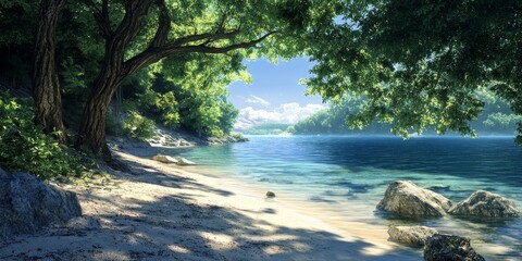 Poster - A serene cove offers tranquility and beauty, ideal for relaxation. This secluded cove captures the essence of natural calmness, making it a perfect spot for unwinding and enjoying nature s simplicity.
