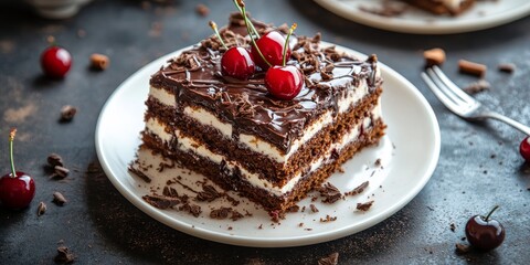Poster - Delicious cake on a plate topped with rich chocolate and vibrant cherry, showcasing the perfect dessert delight. This cake on a plate is an irresistible treat for any occasion.