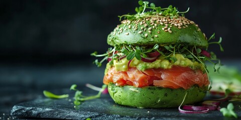 Poster - Avocado burger featuring salted salmon, fresh vegetables, sesame seeds, and microgreens. This healthy avocado burger is ideal for keto diets and organic food enthusiasts. Side view with space for