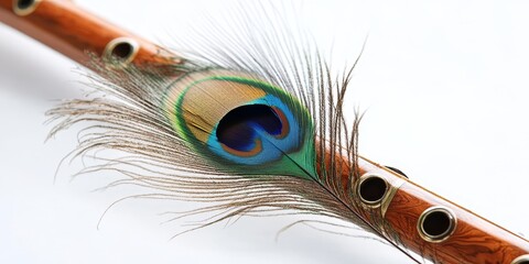 Aufkleber - Peacock feather and flute displayed against a white background create a captivating visual. The harmony of the peacock feather and flute adds an artistic touch to the composition.