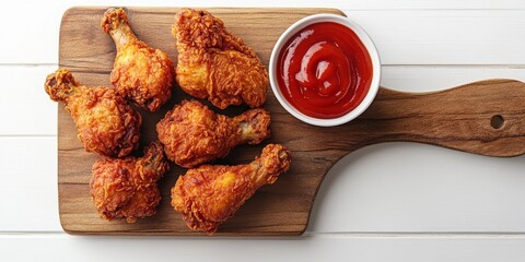 Poster - Fried chicken served with ketchup on a wooden board, captured from a top view, showcases the deliciousness of fried chicken and its perfect pairing with ketchup against a clean white backdrop.
