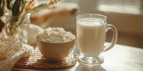 Poster - Cottage cheese in a cup paired with milk in a glass beautifully displayed on a table, highlighting the delightful combination of cottage cheese and milk for a healthy snack.