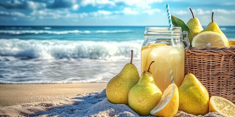 Poster - Fresh pears in a basket alongside a jar of lemonade create a refreshing scene at the beach, perfect for enjoying fresh pears and lemonade on a sunny day.