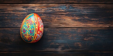 Poster - Easter egg displayed atop a rustic wooden background, featuring vibrant colors and intricate designs. This Easter egg adds a festive touch to the wooden boards in the composition.