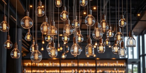 Aufkleber - A stunning display of many bulbs hanging from the ceiling creates a vibrant atmosphere, showcasing the beauty and versatility of many bulbs in interior design.