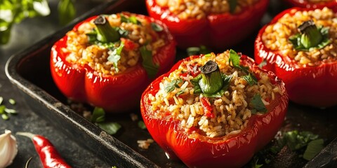 Aufkleber - Stuffed red peppers filled with rice and textured soy create a delicious vegan option. These red peppers offer a nutritious vegetarian meal that is both satisfying and flavorful.