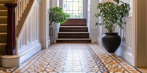 Poster - Entrance hall showcasing period features with stunning Victorian tiles, highlighting the charm and elegance of Victorian tile designs within a beautifully decorated space.