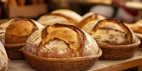 Poster - Sourdough bread displayed prominently, featuring a freshly baked round loaf with a golden crust. This image captures the essence of sourdough bread in a rustic bakery setting.