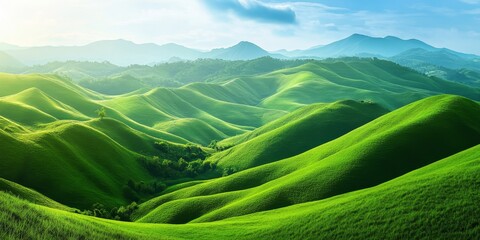 Poster - Breathtaking scenic view of green hills under bright summer sunny weather, showcasing the captivating beauty of nature. Experience the enchanting natural landscape of these green hills.