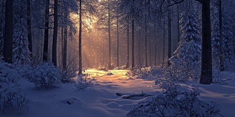 Poster - Serene evening ambiance in a winter forest, showcasing the tranquility and beauty of the winter forest, where nature s stillness creates a captivating winter forest scene.