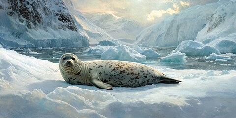 Aufkleber - Wild seal rests on the snow, surrounded by the icy landscape. This wild seal blends seamlessly with the snowy scenery, showcasing the beauty of its natural habitat amidst distant icebergs and rocky