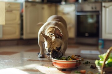 Preparing food for a dog, focusing on quality and healthy nutrition. Bright indoor setting with natural lighting.