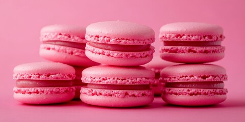 Poster - Stack of pink macaroons displayed against a pink background, showcasing an elegant arrangement of pink macaroons that highlights their delicate textures and vibrant colors. Perfect for desserts.