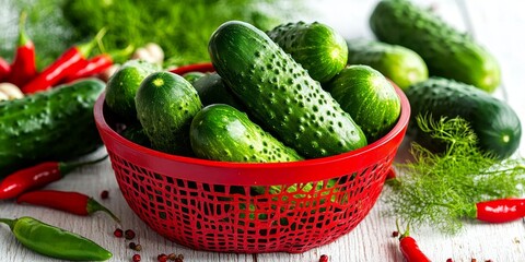 Poster - Fresh organic cucumbers displayed in a vibrant red basket on a white wooden table, accompanied by green and red chili peppers, fennel, and spices, promoting a healthy concept in close up flat lay.