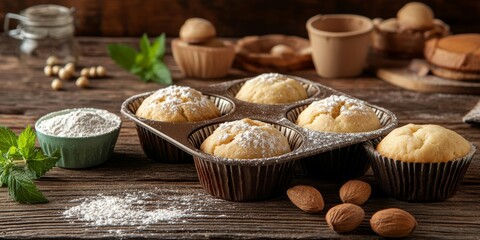 Poster - Muffin dough prepared in molds on a wooden table, showcasing the process of creating delicious muffins with the fresh muffin dough. Perfect for baking enthusiasts and culinary presentations.