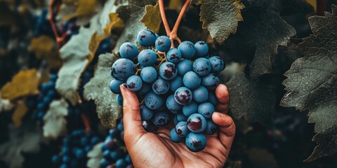 Poster - Hand holding a fresh bunch of grapes in a vineyard setting, showcasing the vibrant colors and textures of grapes. Experience the beauty of grapes in their natural vineyard environment.