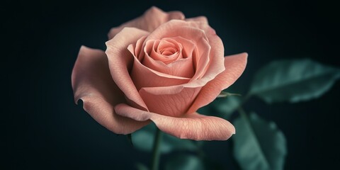 Fototapete - Close up of a pink rose flower, showcasing its delicate petals in a macro style against a low key background, emphasizing the beauty of the pink rose flower in exquisite detail.