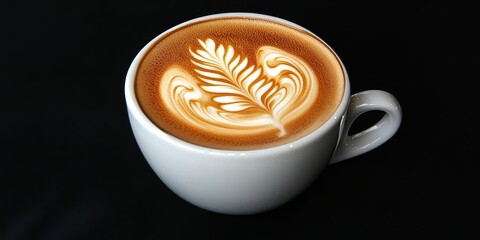Poster - A cup of coffee showcasing stunning latte art, perfect for highlighting the artistry of coffee creation. This cup of coffee represents the skill and creativity involved in making latte art.