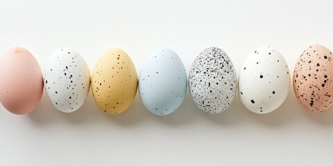 Poster - Speckled Easter eggs arranged in a vertical line, creating a stylish display with negative space ideal for adding custom copy and enhancing visual appeal in an Easter themed design.