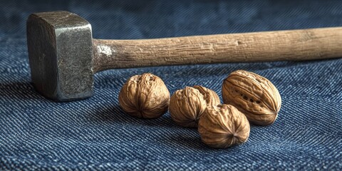 Poster - Walnuts and a hammer rest on a denim surface, showcasing the natural textures of walnuts alongside the durable fabric of denim in a captivating composition highlighting walnuts.