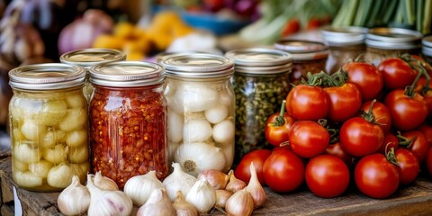 Poster - Freshly harvested vegetables on display, including onions, tomatoes, garlic, pepper, and zucchini, ready for preparing a delicious vegetarian meal or preserving veggies for winter in jars. Concept of
