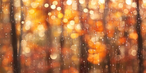 Fototapete - Blurred autumn forest bokeh background featuring small raindrops creates a stunning autumn forest texture, perfect for capturing the essence of nature in its vibrant, seasonal glory.