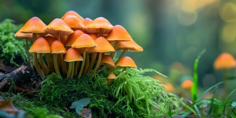 Poster - Cluster of jack o lantern mushrooms found on the forest floor, showcasing the unique features of jack o lantern mushrooms in a vibrant, natural setting with selective focus.