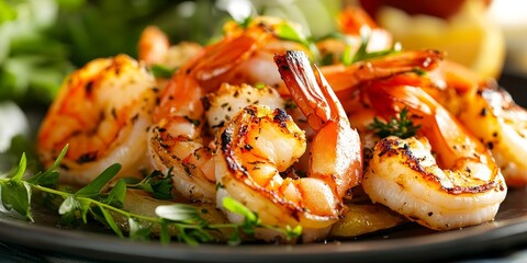 Poster - Grilled shrimp and prawns prepared in a seafood style, featuring fresh shrimp elegantly served on a plate, showcasing the delicious appeal of shrimp in culinary presentations.