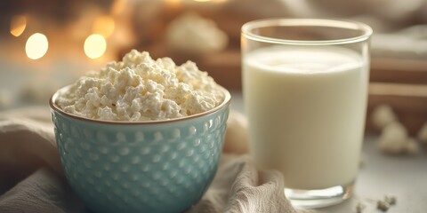 Poster - Cottage cheese in a cup paired with milk in a glass beautifully displayed on a table, highlighting the delightful combination of cottage cheese and milk for a healthy snack.